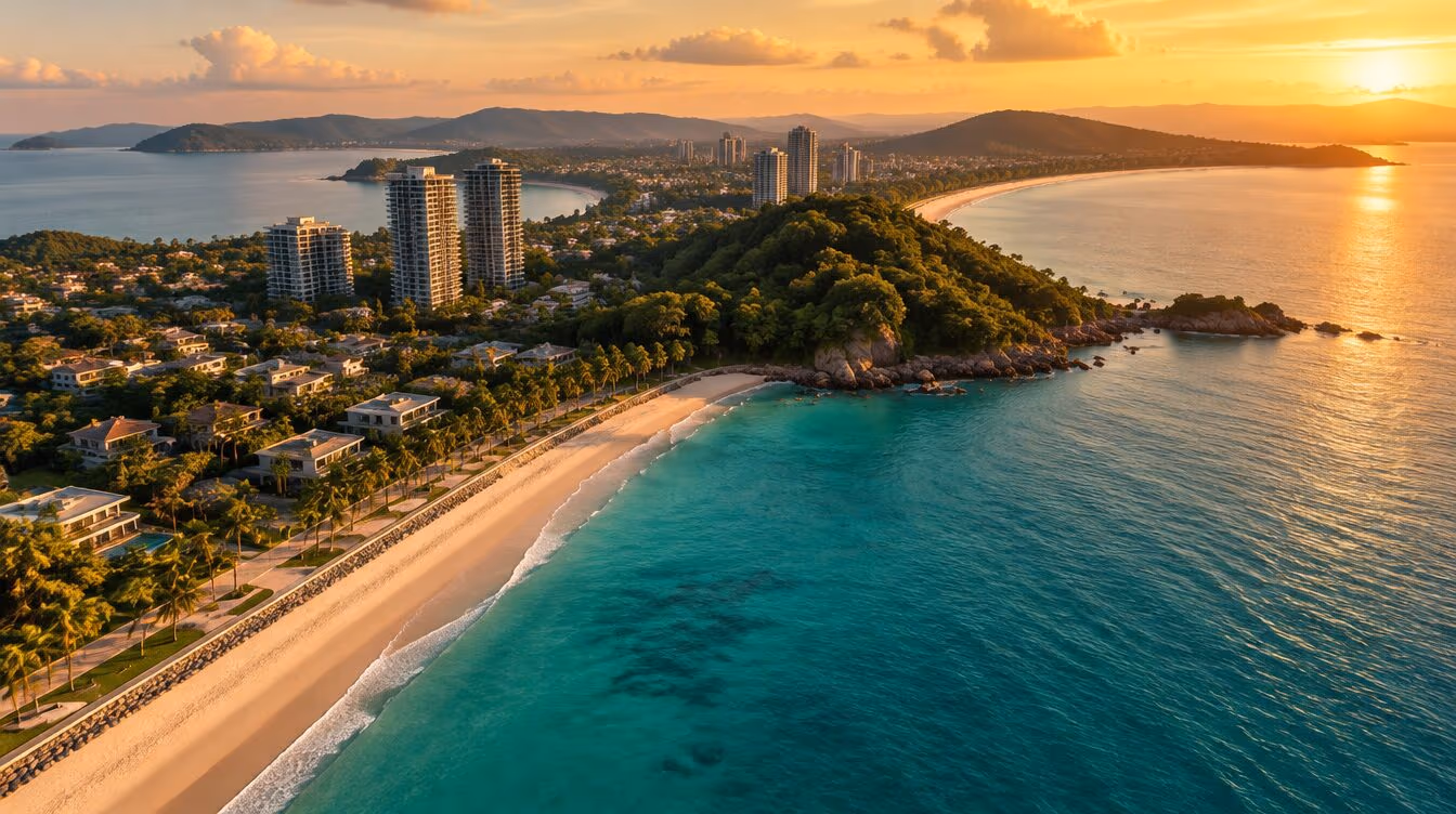 Aerial view of a tropical coastline at golden hour with a beach promenade and residential towers — illustrative generated image